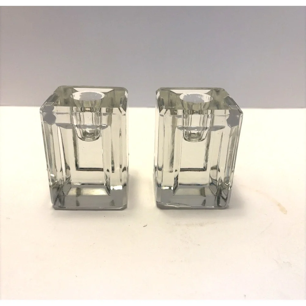 Vtg MCM Crystal Glass Ice Cube Style Candle Holder Pair Indented Sides Heavy